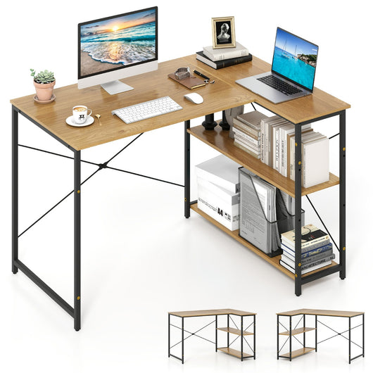 Scrivania angolare a forma di L con ripiano regolabile, Tavolo da studio salvaspazio per ufficio in casa Naturale-Scrivanie