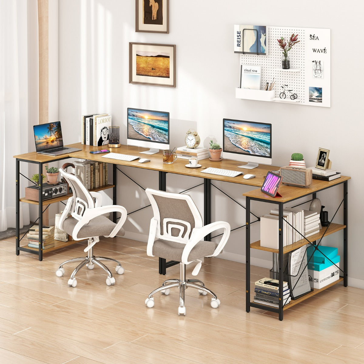 Scrivania angolare a forma di L con ripiano regolabile, Tavolo da studio salvaspazio per ufficio in casa Naturale-Scrivanie