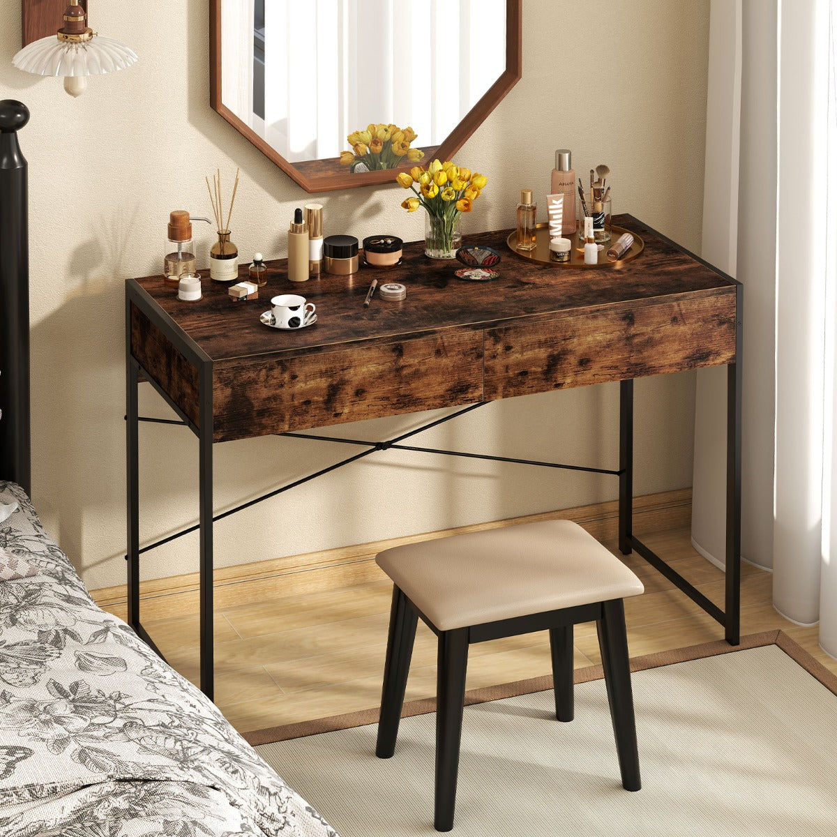Scrivania compatta con robusto telaio in metallo di lavoro multiuso per camera da letto, Scrivania per computer con 2 cassetti Marrone-Scrivanie