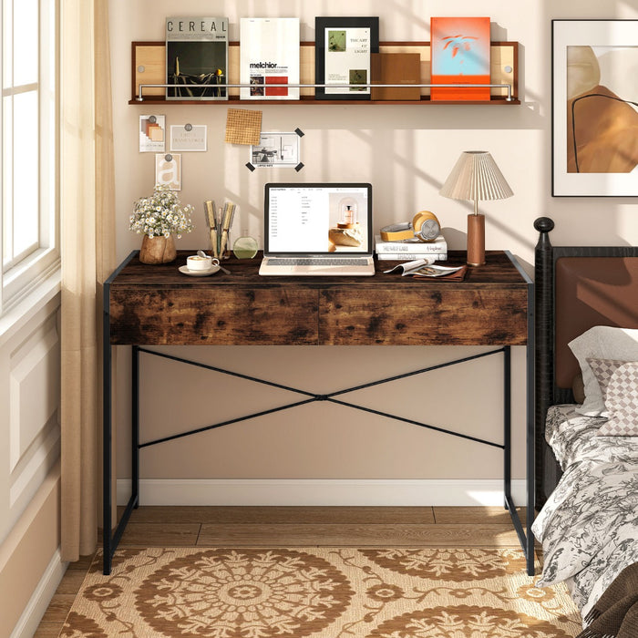 Scrivania compatta con robusto telaio in metallo di lavoro multiuso per camera da letto, Scrivania per computer con 2 cassetti Marrone-Scrivanie