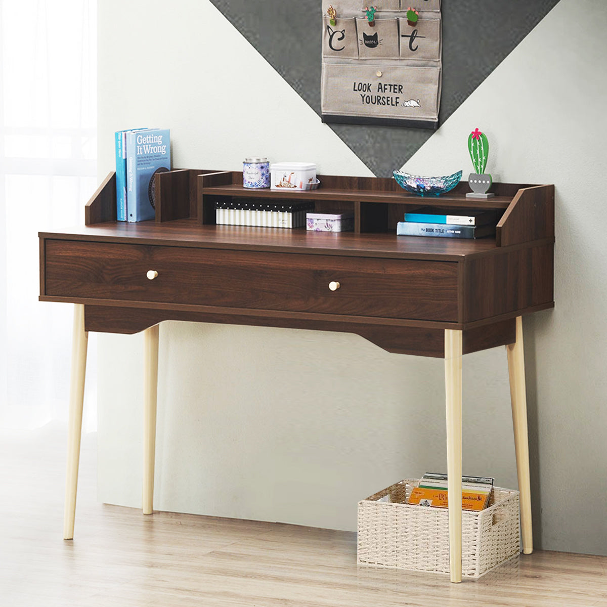 Scrivania per casa e ufficio con cassetto e superficie spaziosa, Tavolo con 2 scompartimenti per studio Marrone-Scrivanie