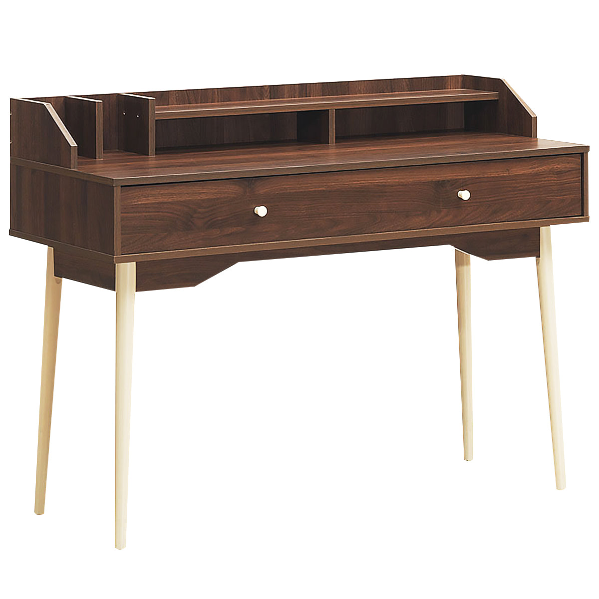 Scrivania per casa e ufficio con cassetto e superficie spaziosa, Tavolo con 2 scompartimenti per studio Marrone-Scrivanie