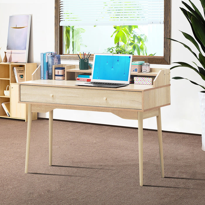 Scrivania per casa e ufficio con cassetto e superficie spaziosa, Tavolo con 2 scompartimenti per studio Naturale-Scrivanie