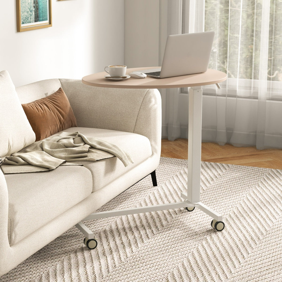 Scrivania da lavoro mobile con ruote bloccabili e piano ovale, Scrivania rotante regolabile in altezza Roseo-Tavolini per laptop