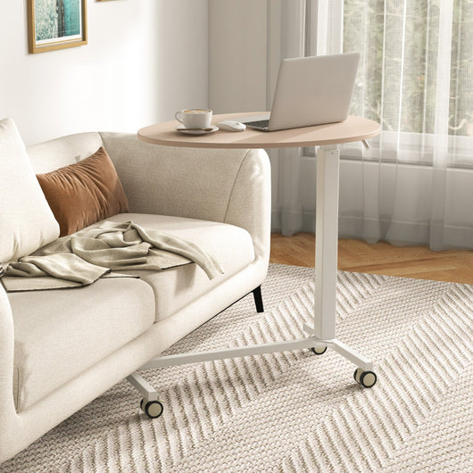 Scrivania da lavoro mobile con ruote bloccabili e piano ovale, Scrivania rotante regolabile in altezza Roseo-Tavolini per laptop