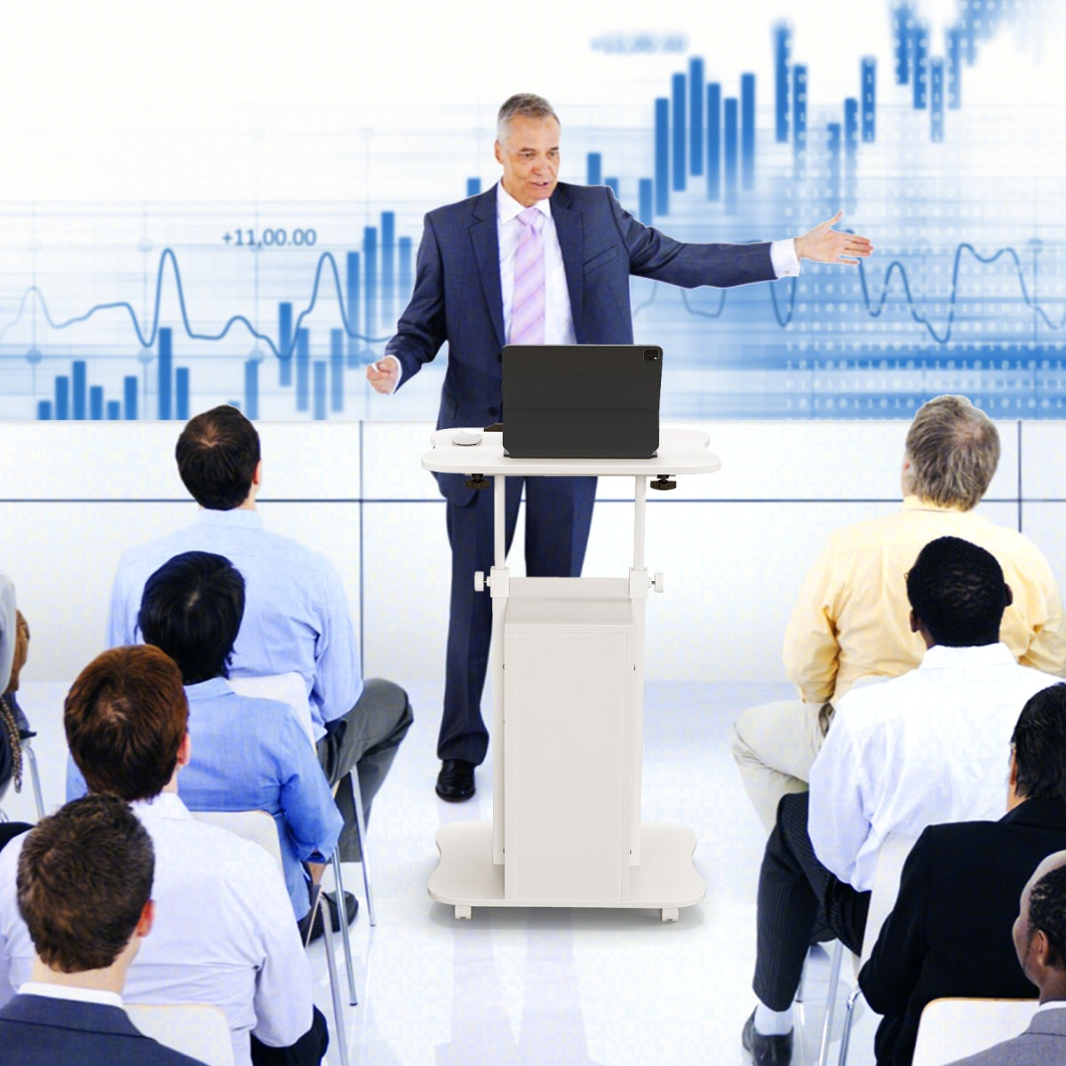 Scrivania per PC regolabile in altezza con ruote piano inclinabile e scomparti, Standing desk mobile per laptop Bianco-Tavolini per laptop