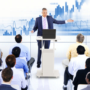 Scrivania per PC regolabile in altezza con ruote piano inclinabile e scomparti, Standing desk mobile per laptop Bianco-Tavolini per laptop