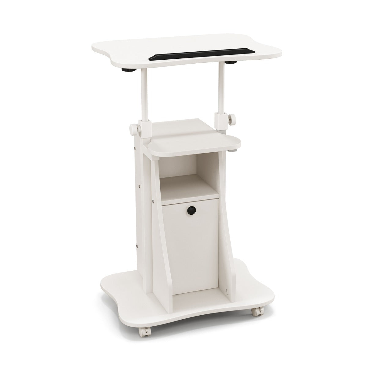 Scrivania per PC regolabile in altezza con ruote piano inclinabile e scomparti, Standing desk mobile per laptop Bianco-Tavolini per laptop