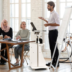 Scrivania per PC regolabile in altezza con ruote piano inclinabile e scomparti, Standing desk mobile per laptop Bianco-Tavolini per laptop