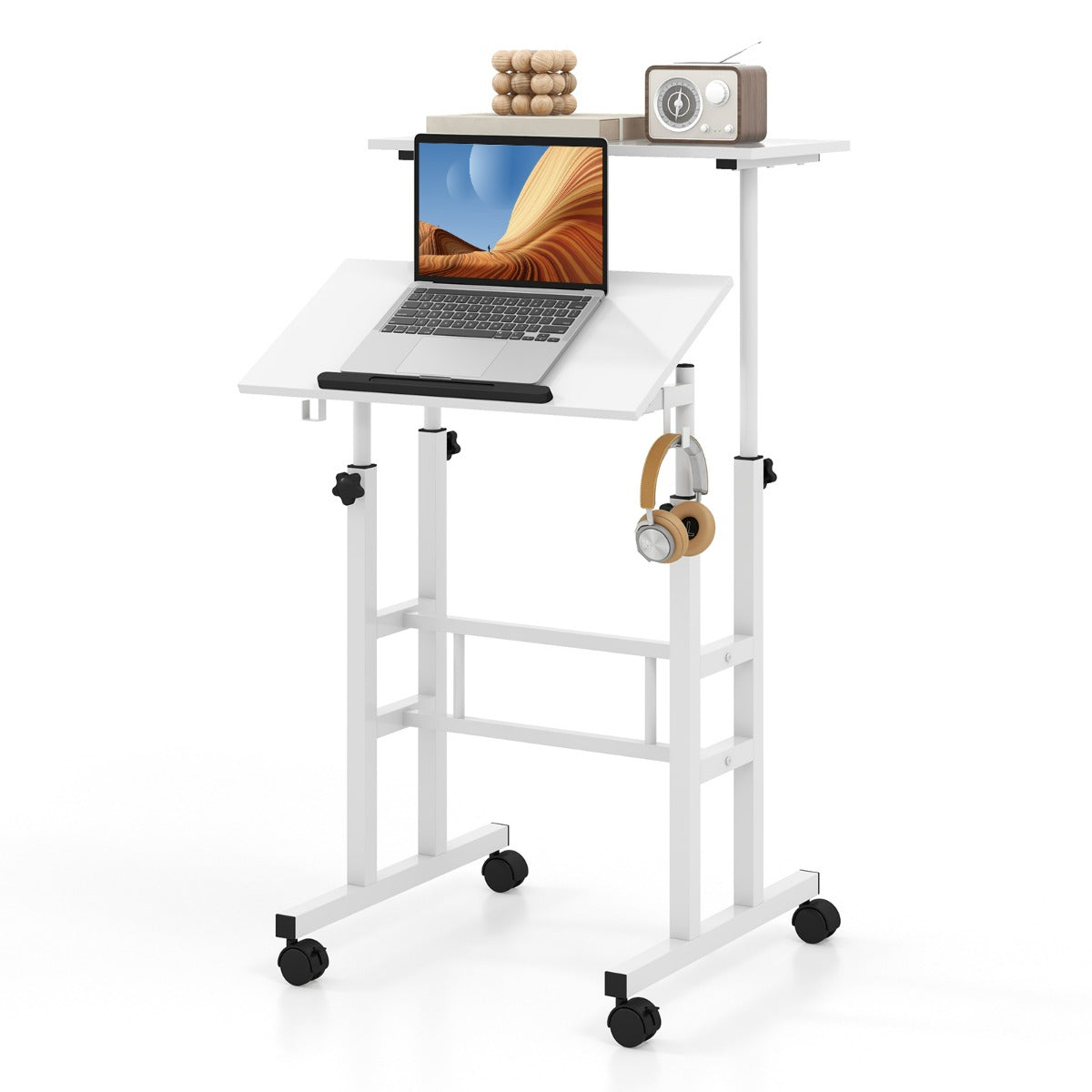 Scrivania mobile con altezza regolabile con piano diviso e ruote, Scrivania per computer per ufficio casa Bianco-Tavolini per laptop