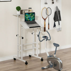 Scrivania mobile con altezza regolabile con piano diviso e ruote, Scrivania per computer per ufficio casa Bianco-Tavolini per laptop