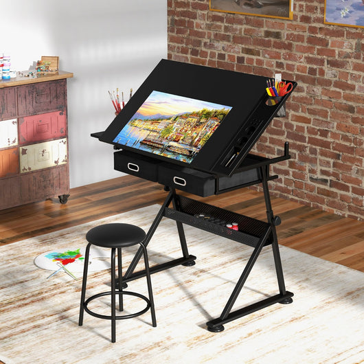 Scrivania inclinabile e impermeabile con cassetti in MDF sgabello, Tavolo da disegno 119x60x73,5-98cm Nero-Scrivanie