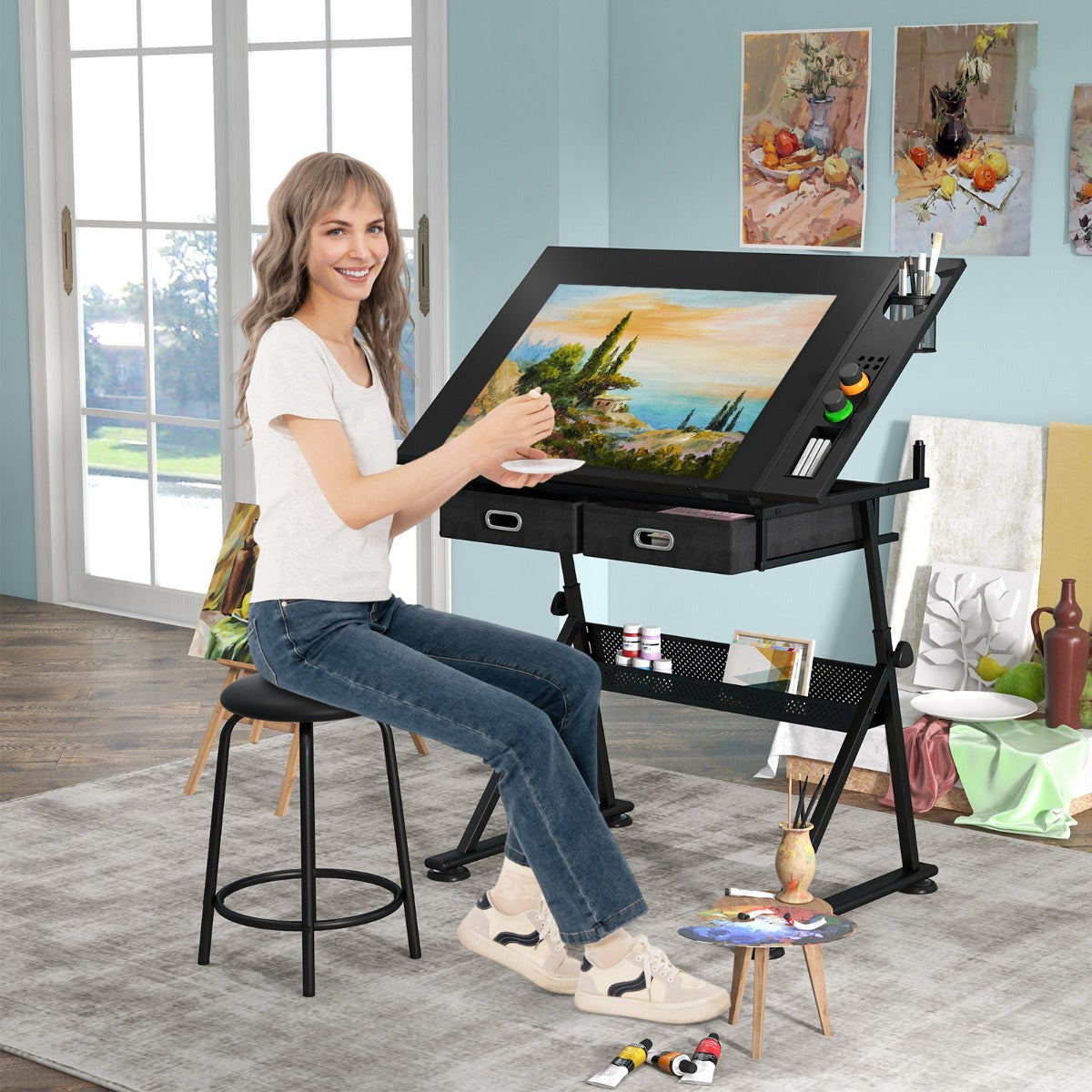 Scrivania inclinabile e impermeabile con cassetti in MDF sgabello, Tavolo da disegno 119x60x73,5-98cm Nero-Scrivanie