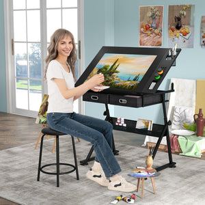 Scrivania inclinabile e impermeabile con cassetti in MDF sgabello, Tavolo da disegno 119x60x73,5-98cm Nero-Scrivanie