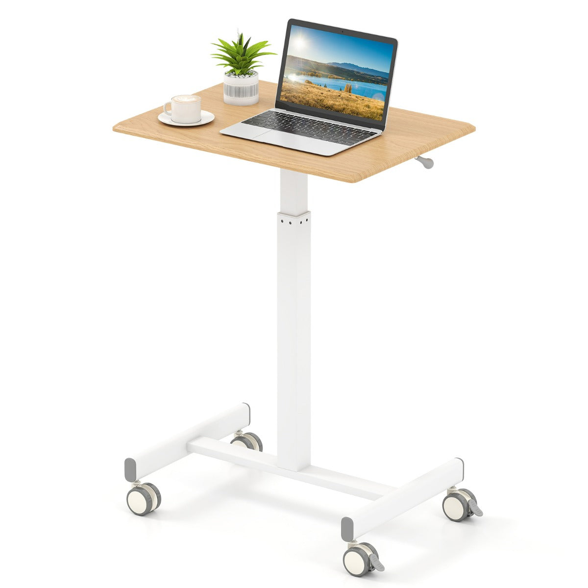 Scrivania mobile regolabile in altezza con pistone a gas e ruote lisce, Postazione di lavoro per computer Naturale-Tavolini per laptop