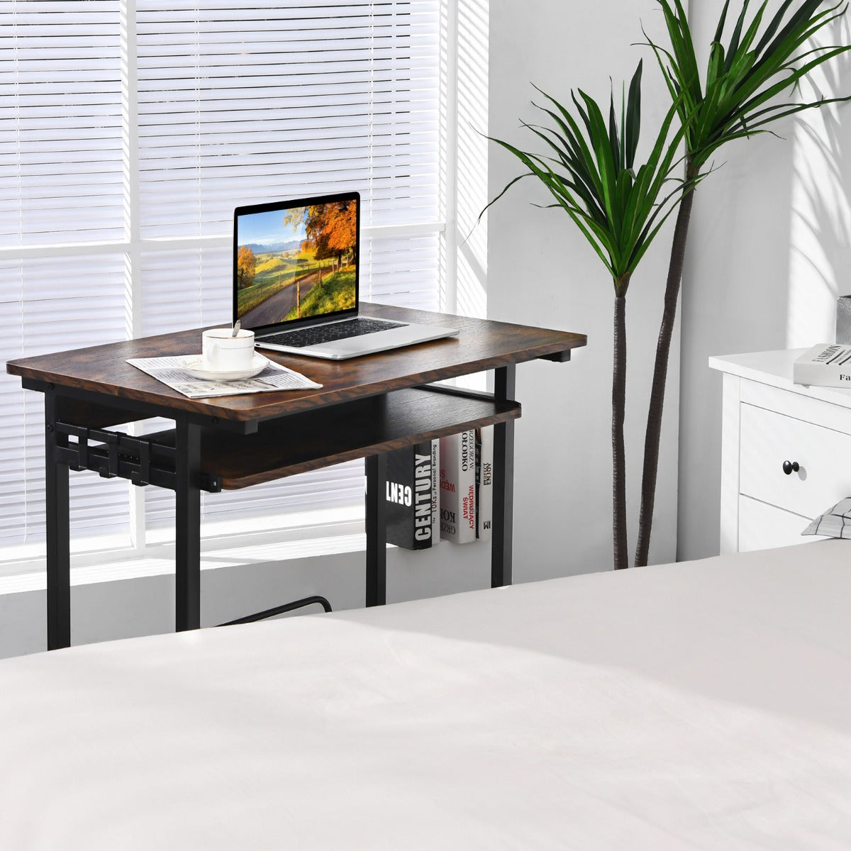 Scrivania mobile per computer con vassoio per tastiera, Carrello per PC portatile su ruote Marrone rustico-Scrivanie