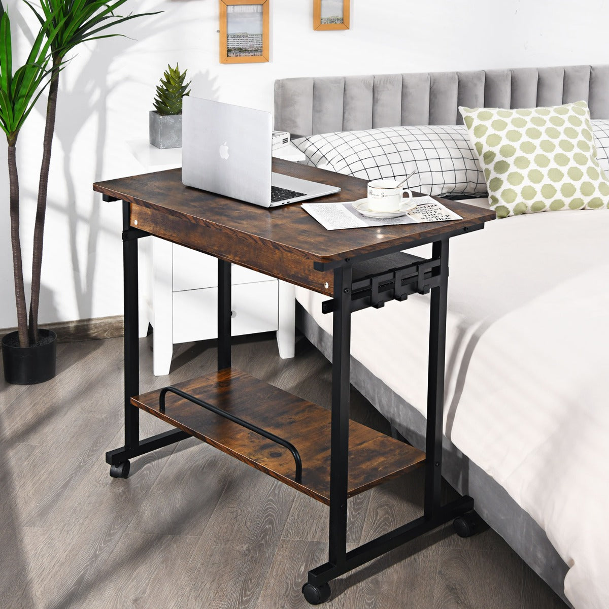 Scrivania mobile per computer con vassoio per tastiera, Carrello per PC portatile su ruote Marrone rustico-Scrivanie