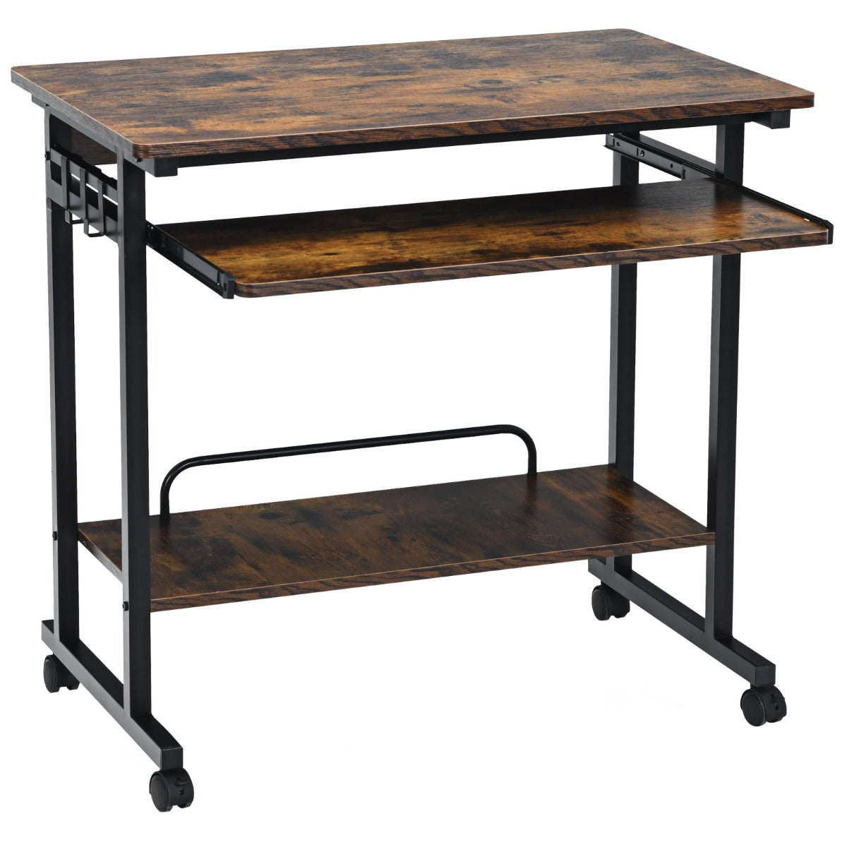 Scrivania mobile per computer con vassoio per tastiera, Carrello per PC portatile su ruote Marrone rustico-Scrivanie