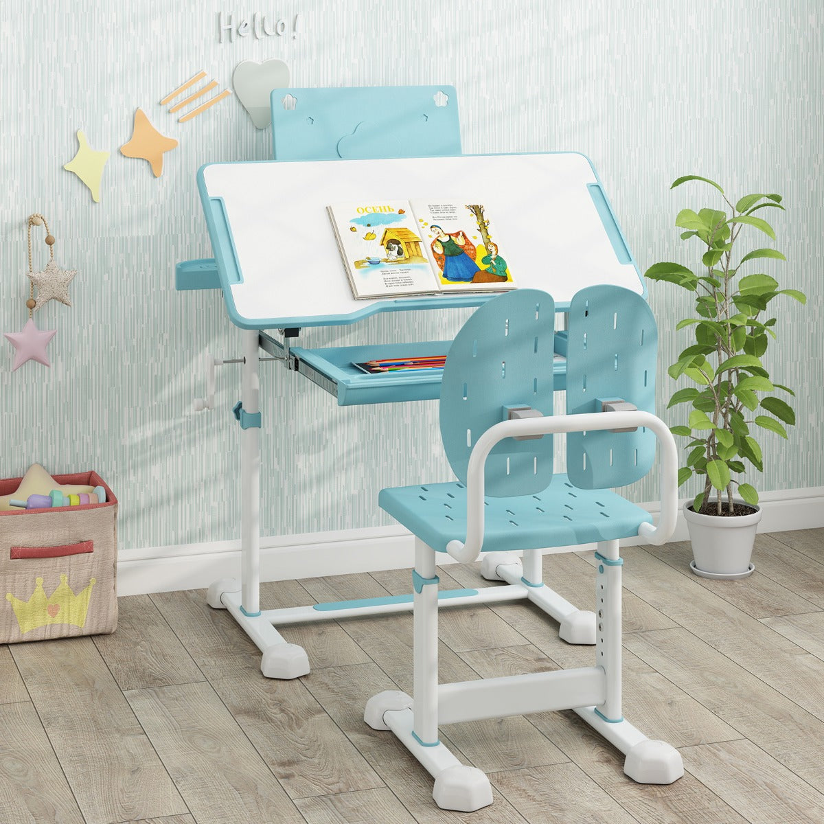 Scrivania per bambini con piano inclinabile sedia ergonomica, Set di scrivania e sedia regolabile in altezza Blu-Tavoli e sedie