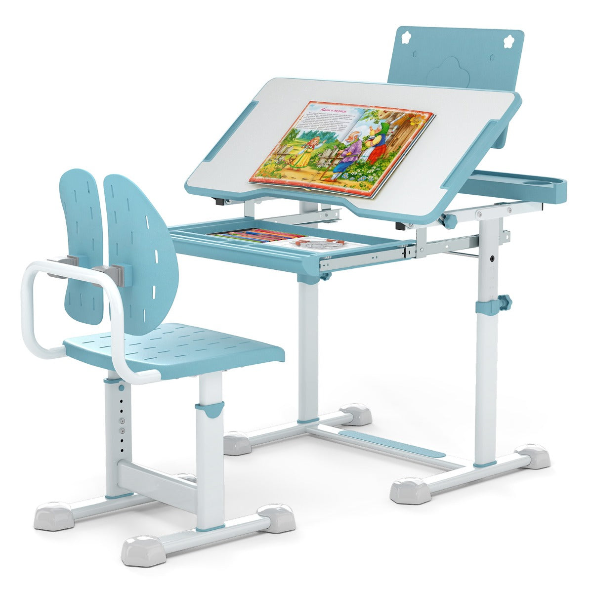 Scrivania per bambini con piano inclinabile sedia ergonomica, Set di scrivania e sedia regolabile in altezza Blu-Tavoli e sedie