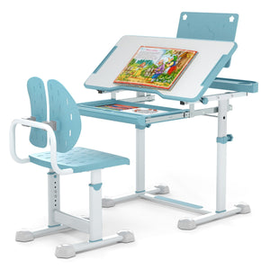 Scrivania per bambini con piano inclinabile sedia ergonomica, Set di scrivania e sedia regolabile in altezza Blu-Tavoli e sedie