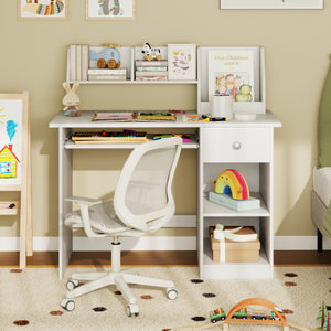 Scrivania per bambini legno con vassoio per tastiera e cassetto-Scrivania per bambini libreria laterale e mensole superiori Bianco