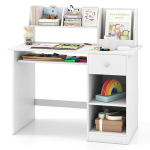 Scrivania per bambini legno con vassoio per tastiera e cassetto-Scrivania per bambini libreria laterale e mensole superiori Bianco