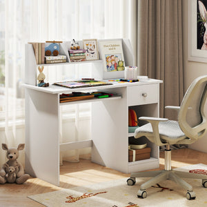 Scrivania per bambini legno con vassoio per tastiera e cassetto-Scrivania per bambini libreria laterale e mensole superiori Bianco