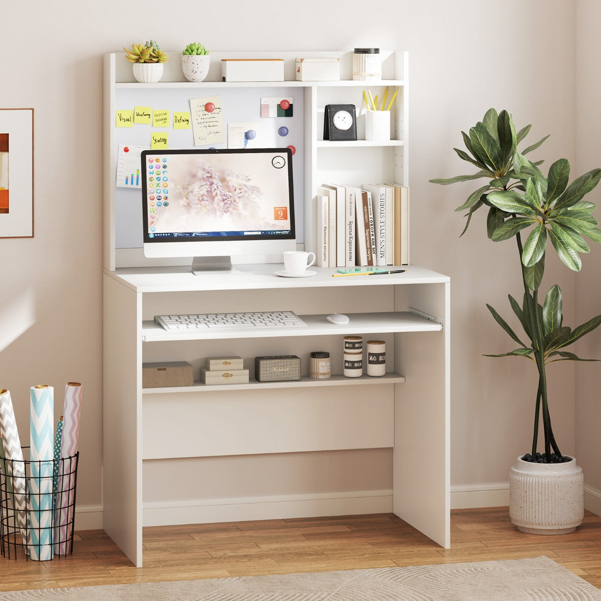 Scrivania per computer con lavagna magnetica, Scrivania moderna con ripiano e vassoio per tastiera Bianco-Scrivanie