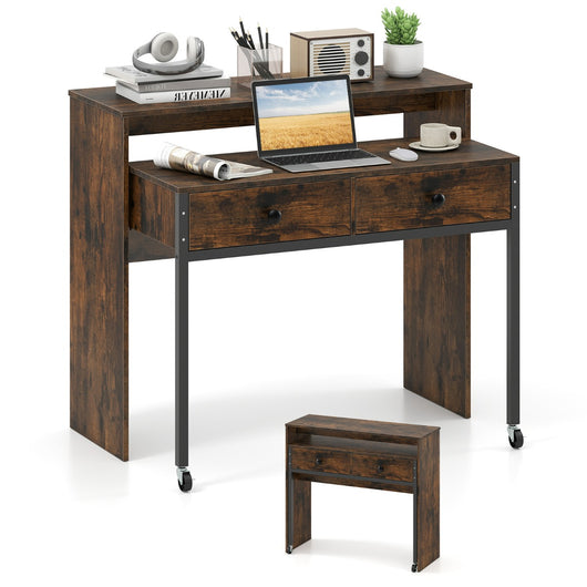 Scrivania per computer retrattile con cassetti, Tavolo da trucco compatto con ruote per ufficio Marrone-Scrivanie