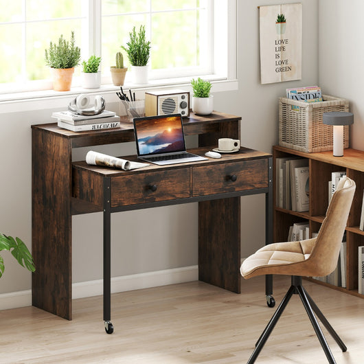 Scrivania per computer retrattile con cassetti, Tavolo da trucco compatto con ruote per ufficio Marrone-Scrivanie