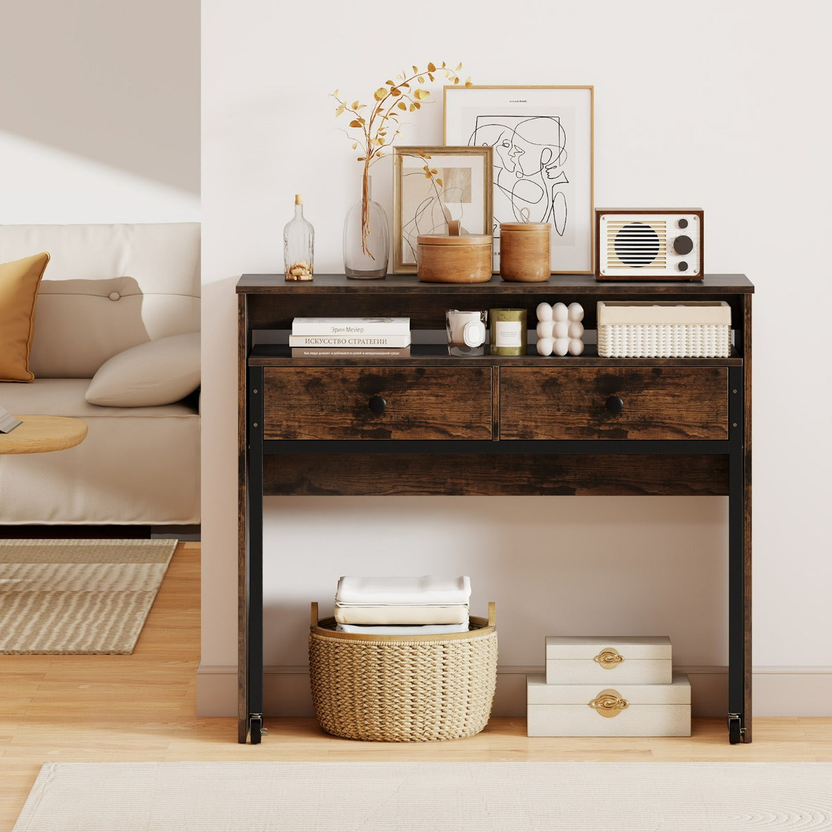 Scrivania per computer retrattile con cassetti, Tavolo da trucco compatto con ruote per ufficio Marrone-Scrivanie