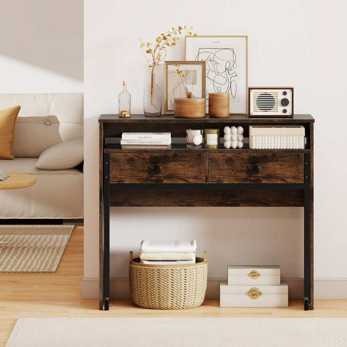 Scrivania per computer retrattile con cassetti, Tavolo da trucco compatto con ruote per ufficio Marrone-Scrivanie