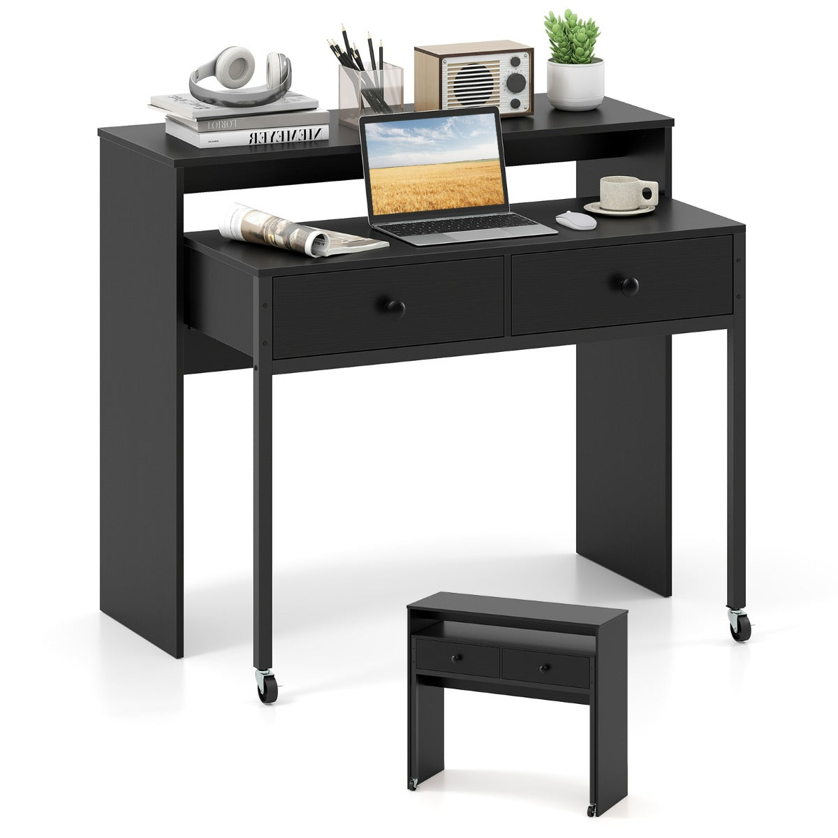 Scrivania per computer retrattile con cassetti, Tavolo da trucco compatto con ruote per ufficio Nero-Scrivanie