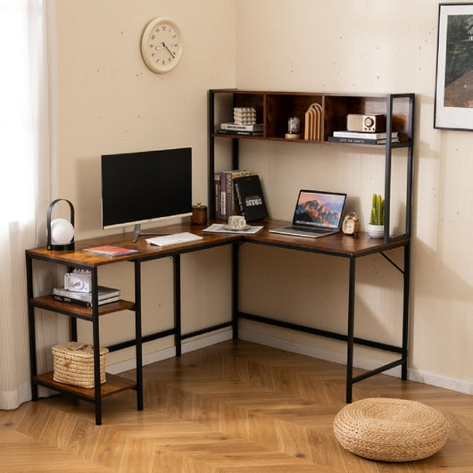 Scrivania per computer a forma di l con pensile ripiani e gancio libreria-Scrivania per computer ufficio domestico Marrone