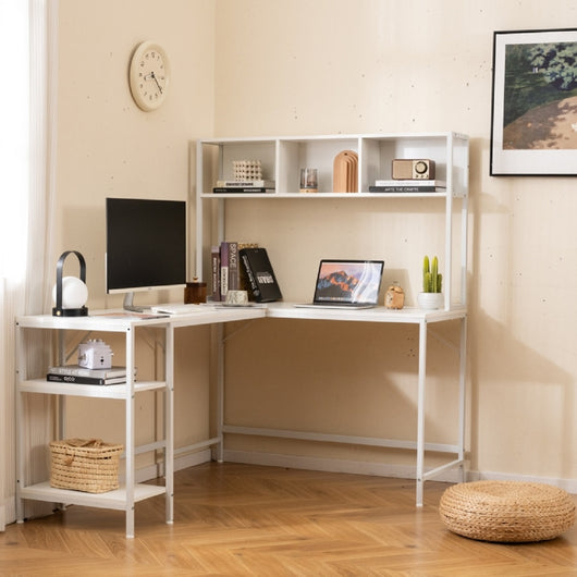 Scrivania per computer a forma di l con pensile ripiani e gancio libreria-Scrivania per computer ufficio domestico Bianco