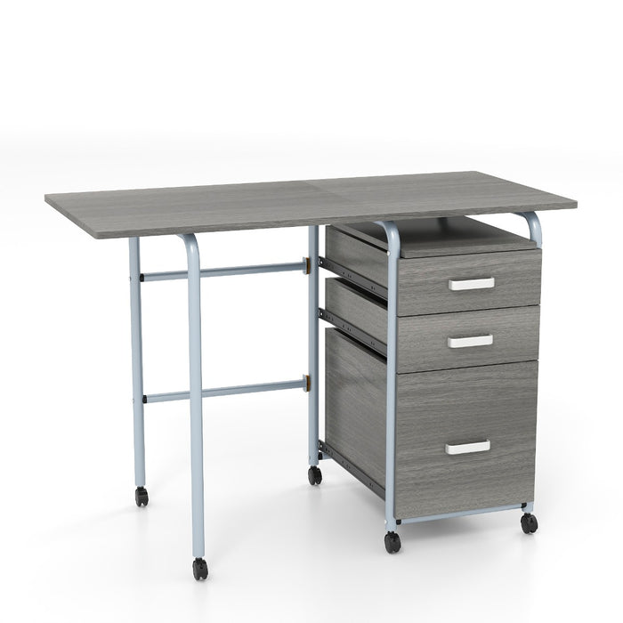 Scrivania pieghevole con 3 cassetti portaoggetti ruote bloccabili, Tavolo da scrittura struttura in metallo Grigio-Scrivanie