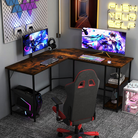 Scrivania per computer a L forma da 138cm, Scrivania da ufficio angolar con telaio in acciaio ripiano rimovibile Marrone-Scrivanie