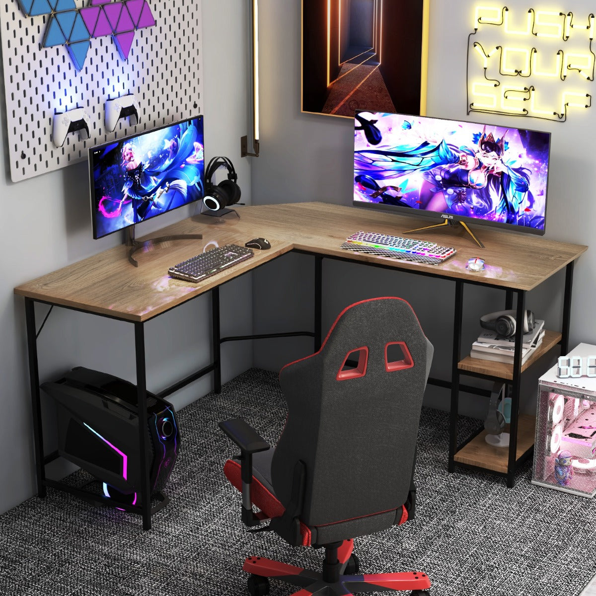 Scrivania per computer a L forma da 138cm, Scrivania da ufficio angolar con telaio in acciaio ripiano rimovibile Naturale-Scrivanie