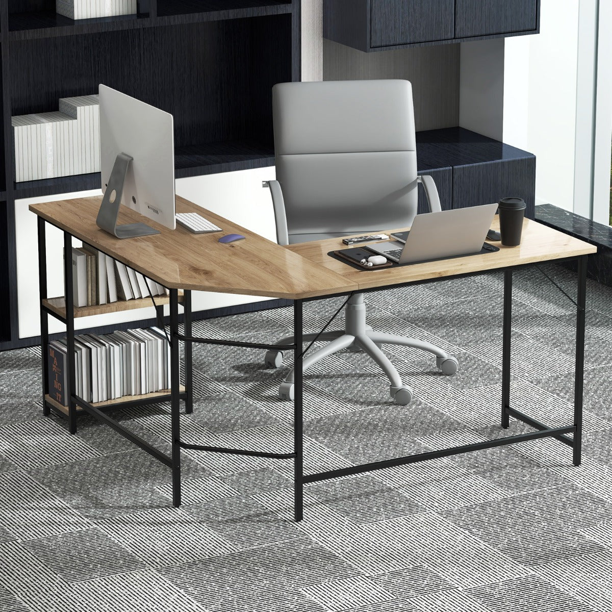Scrivania per computer a L forma da 138cm, Scrivania da ufficio angolar con telaio in acciaio ripiano rimovibile Naturale-Scrivanie