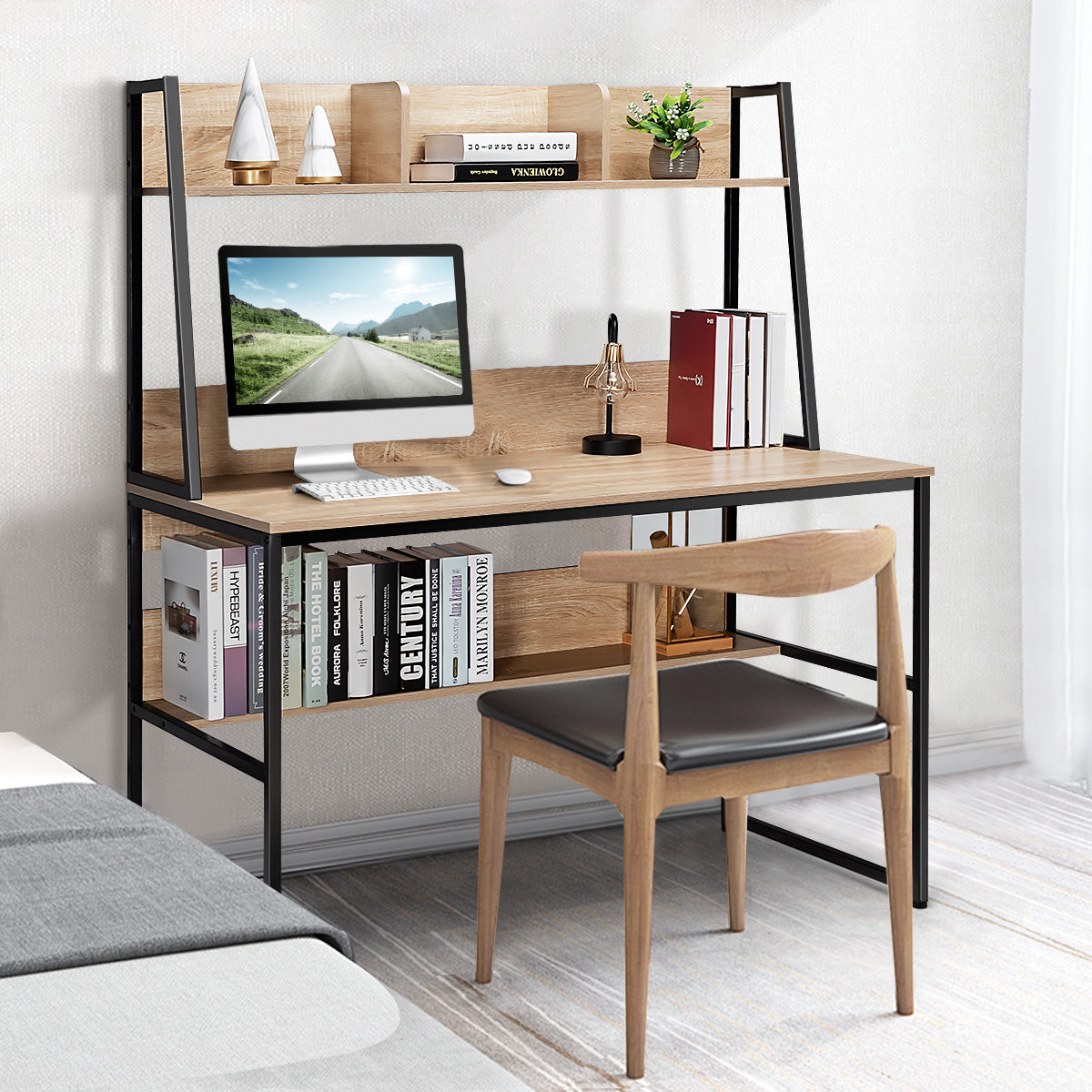 Scrivania per computer con 3 scomparti libreria e ripiano, Scrivania da 120cm salvaspazio per ufficio Naturale-Scrivanie