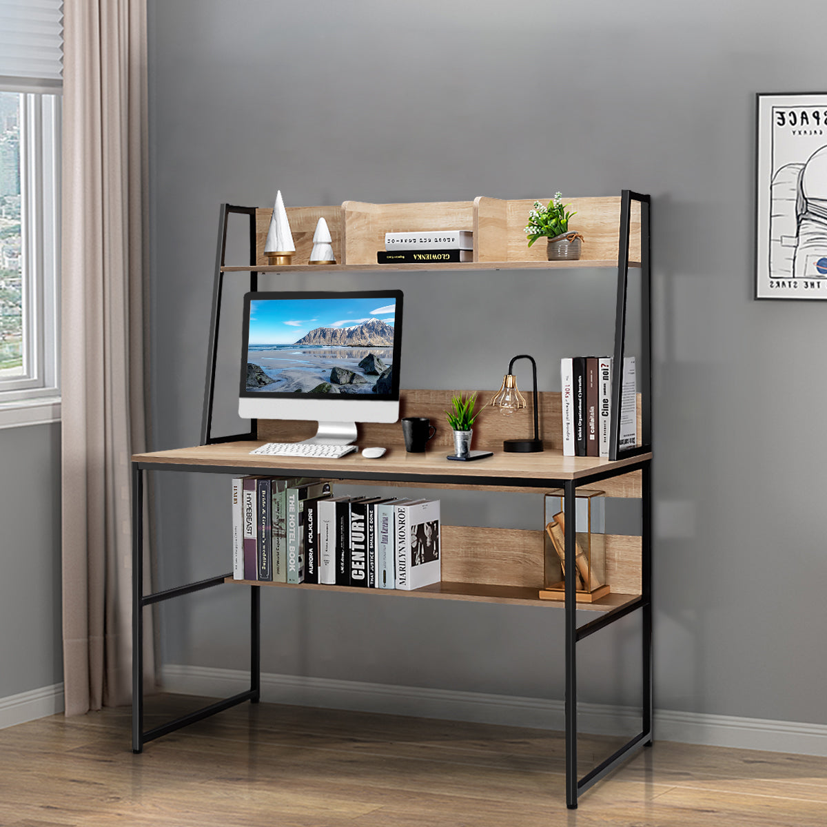 Scrivania per computer con 3 scomparti libreria e ripiano, Scrivania da 120cm salvaspazio per ufficio Naturale-Scrivanie