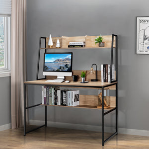 Scrivania per computer con 3 scomparti libreria e ripiano, Scrivania da 120cm salvaspazio per ufficio Naturale-Scrivanie