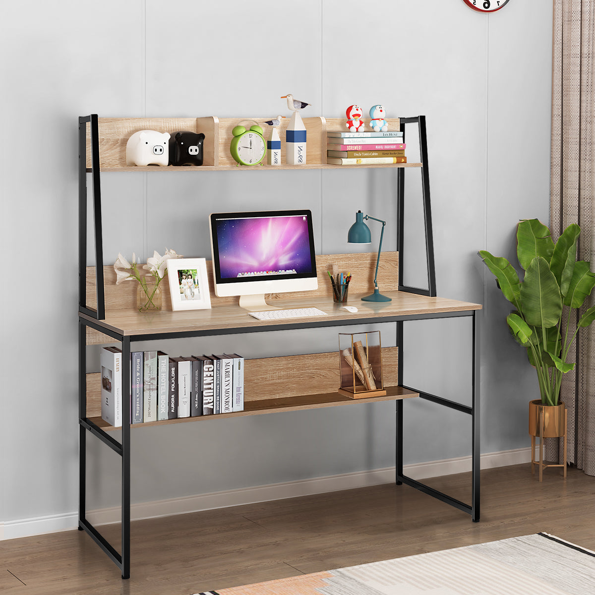 Scrivania per computer con 3 scomparti libreria e ripiano, Scrivania da 120cm salvaspazio per ufficio Naturale-Scrivanie