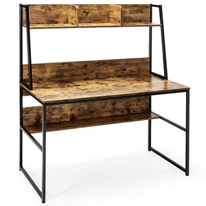 Scrivania per computer con 3 scomparti libreria e ripiano, Scrivania da 120cm salvaspazio per ufficio Marrone-Scrivanie