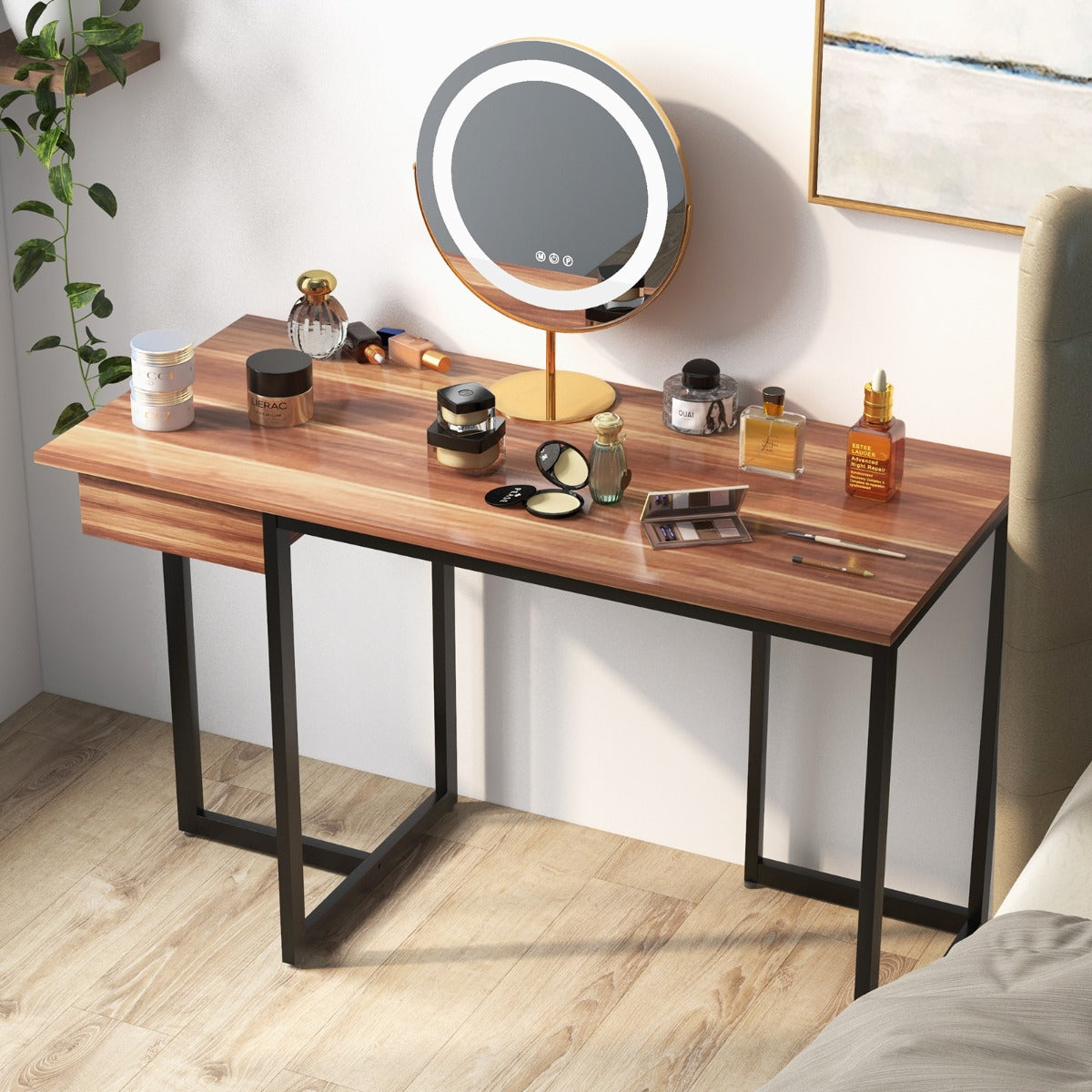 Scrivania per computer 120cm con cassetto, Scrivania per ufficio con struttura in metallo piedini regolabili Noce-Scrivanie