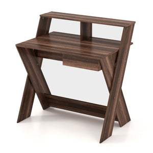 Scrivania per computer con cassetto portaoggetti e supporto per monitor, Tavolo da studio per casa e ufficio Noce-Scrivanie