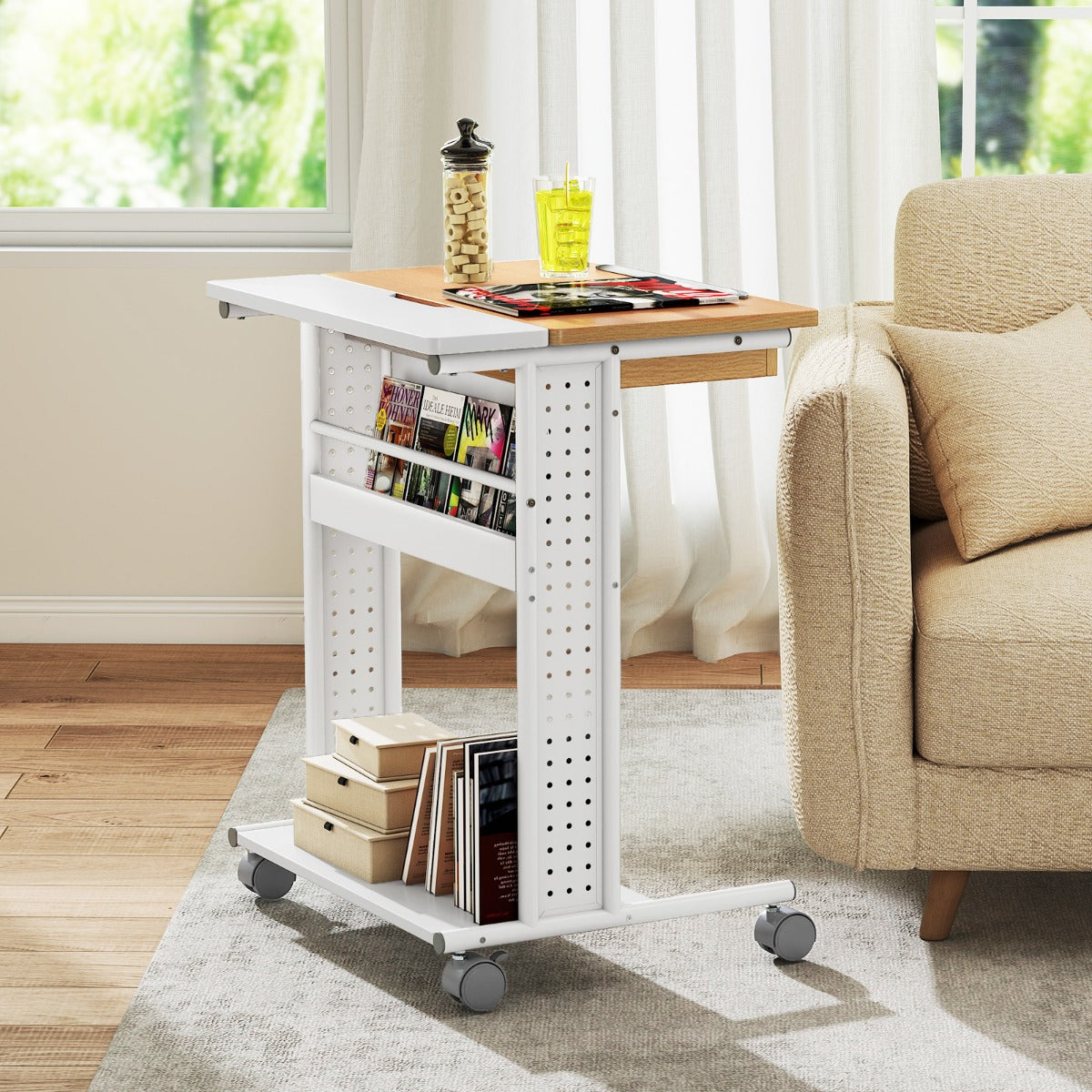 Scrivania per computer su ruote scomparto nascosto, Scrivania su ruote con piano inclinabile Naturale-Scrivanie