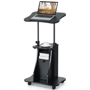 Scrivania per PC regolabile in altezza con ruote piano inclinabile e scomparti, Standing desk mobile per laptop Nera-Tavolini per laptop