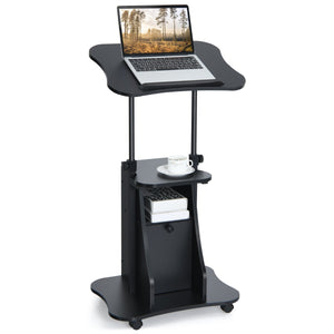 Scrivania per PC regolabile in altezza con ruote piano inclinabile e scomparti, Standing desk mobile per laptop Nera-Tavolini per laptop